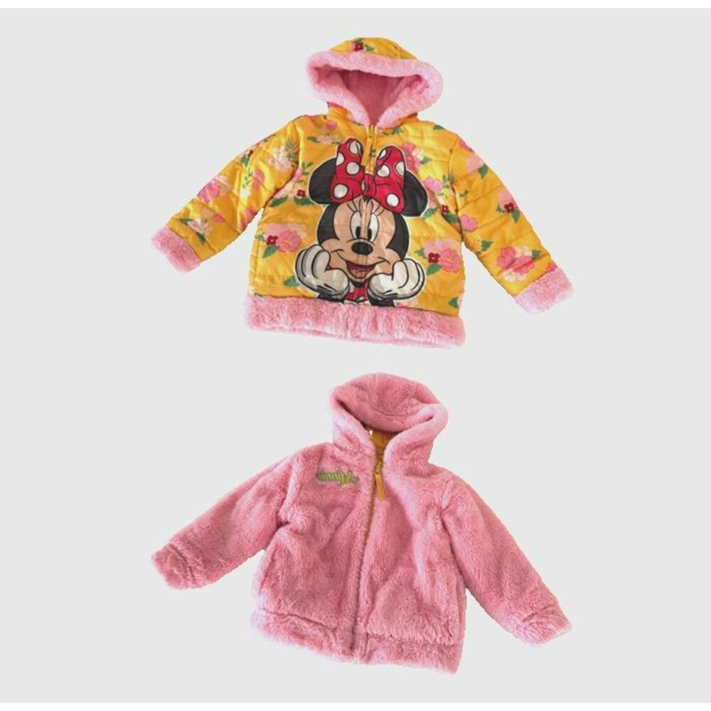 DISNEY Minnie Mouse Toddler Girls 3T REVERSIBLE Hooded Winter Coat Pink Yellow